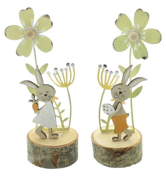 FRANK FLECHTWAREN | Hase Blumenwiese, 2er Set, METALL, HOLZ, MDF, 7,5 x 6 x 18 cm