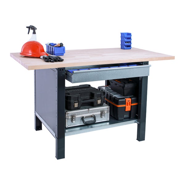 Werkbank BUFFALO WOOD mit 1x Schublade | HxBxT 86,5x120x75cm | Traglast 1000kg | Anthrazit