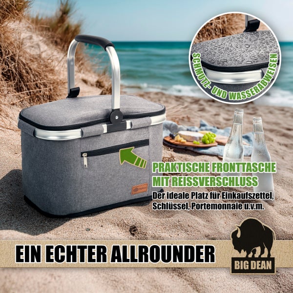 Graue Picknicktasche mit Kühlfunktion und Aluminiumrahmen am Strand