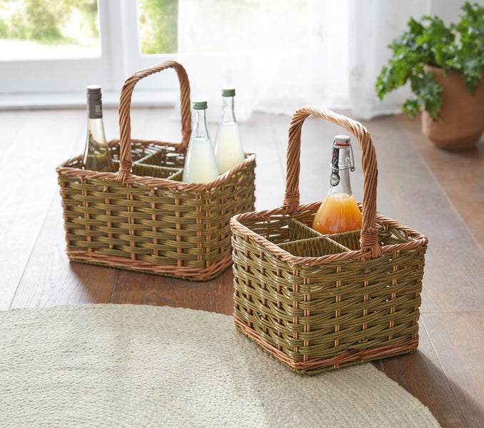 FRANK FLECHTWAREN | Flaschenkorb Washed Green, für 4 Flaschen, WEIDE, 25 x 25 x 21 cm, GH 40 cm, ohne Inhalt