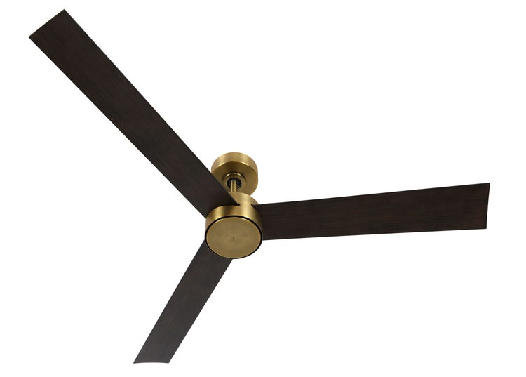 Deckenventilator mit drei Flügeln in dunkler Holzoptik und Gehäuse aus gebürstetem Messing zur Raumkühlung