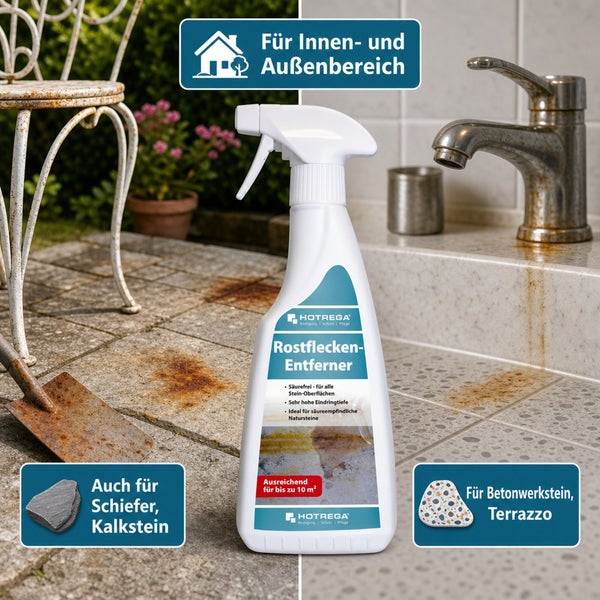 Hotrega Rostfleckenentferner Sprühflasche für Stein-Oberflächen, geeignet für Innen- und Außenbereich, Schiefer, Kalkstein, Betonwerkstein, Terrazzo.