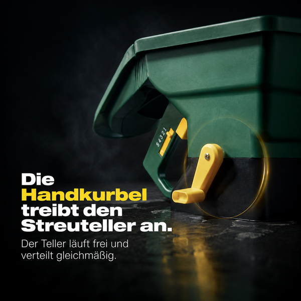Handstreuer mit Kurbelantrieb zur gleichmäßigen Verteilung von Streugut wie Saatgut oder Dünger.
