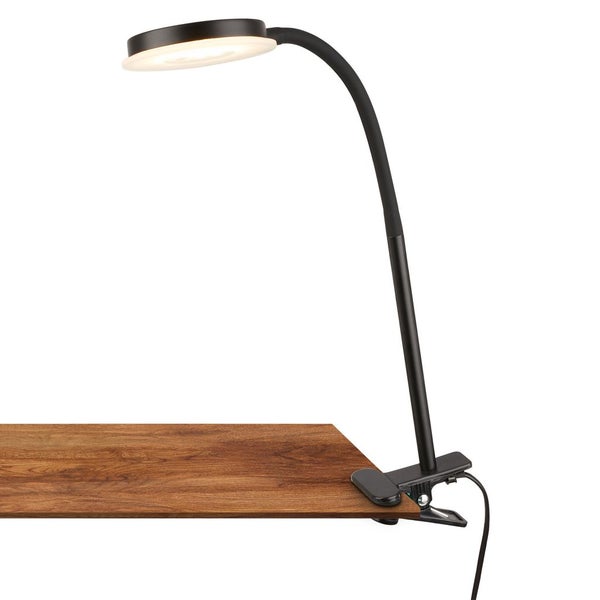 Schwarze LED-Klemmleuchte mit flexiblem Hals, an einer Holzplatte befestigt.