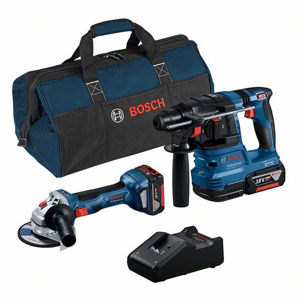 Bosch Professional Akku-Werkzeug-Set mit Bohrhammer, Winkelschleifer, Ladegerät und Werkzeugtasche, 18 Volt.