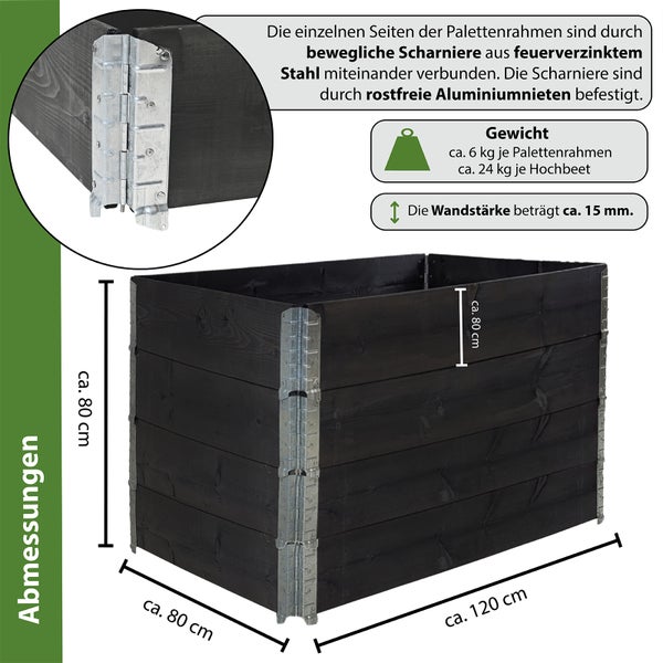 Hochbeet 4er Set Palettenrahmen Pflanzbeet 120x80x80 cm aus Holz schwarz Garten Balkon stapelbar