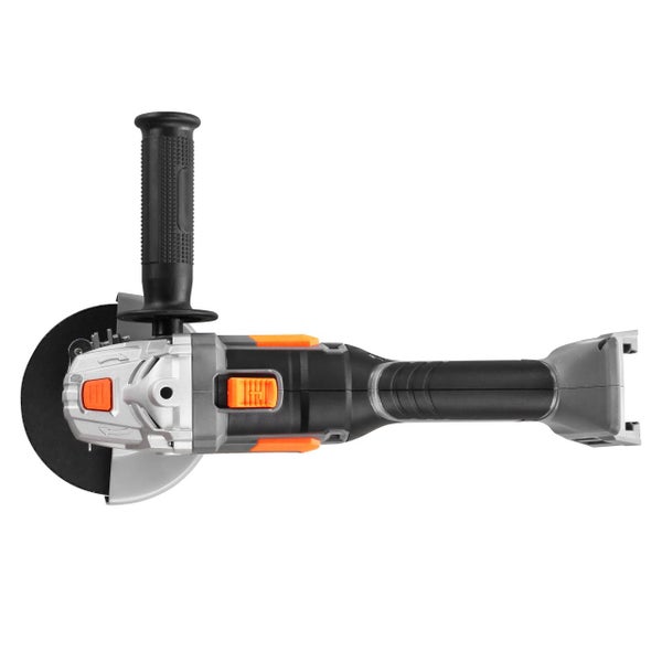 Akku-Winkelschleifer mit Zusatzhandgriff und Schutzhaube in Grau, Schwarz und Orange