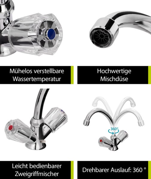 aquaSu® Zweigriffmischer Standard Plus für Waschtisch | Niederdruck | Chrom | Wasserhahn | 779449