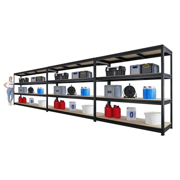 Langes Lagerregal mit vier Ebenen und verschiedenen Lagerbehältern