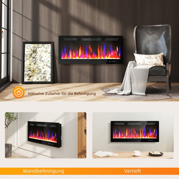 Produktbild mit Informationen zu einstellbaren Helligkeit, Farbe und Geschwindigkeit des Flammeneffekts