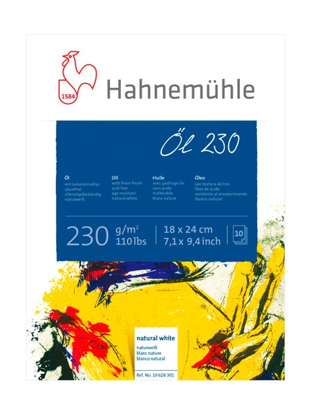 Hahnemühle Logo, Ölmalblock Öl 230, naturweiß, Leinenstruktur, säurefrei, 230 Gramm pro Quadratmeter, 18 mal 24 Zentimeter, 10 Blatt.