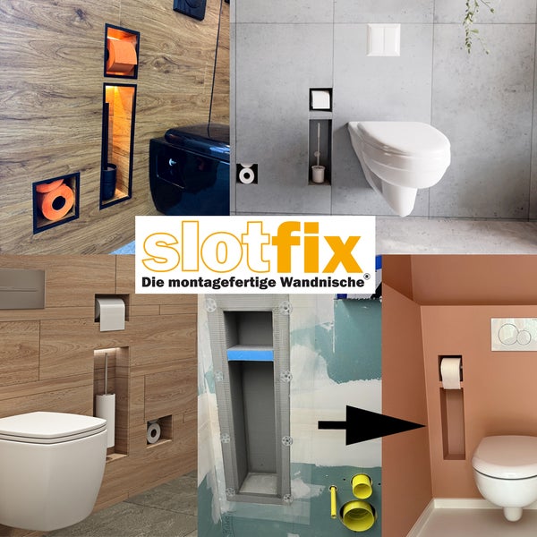 Slotfix montagefertige Wandnische für das Badezimmer zur Unterputz Installation mit integriertem Toilettenpapierhalter und WC Bürstengarnitur.