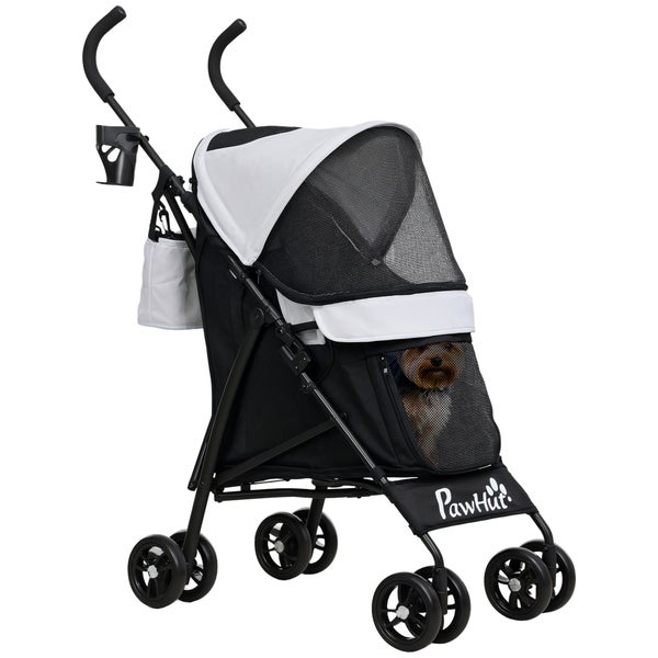 PawHut Hundewagen Hundebuggy klappbar für Hunde & Katzen bis 4 kg Katzenbuggy mit Netzfenstern, Schultergurt, Aufbewahrungstasche, Becherhalter Regenschirm Katzenwagen Hellgrau