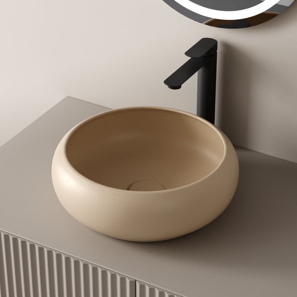 EMKE Aufsatzwaschbecken Ø36 cm, Keramik, Beige matt, Rund, Design Waschbecken für Bad & Gäste-WC, Pflegeleicht, Feuchtigkeitsbeständig, Höhe 12 cm