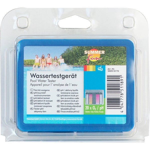 Summer Fun Wassertestgerät für Pool zur Bestimmung von pH-Wert und Sauerstoffgehalt in einer blauen Aufbewahrungsbox.