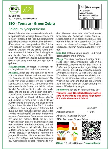 SAFLAX Geschenk Set - BIO - Tomate - Green Zebra - Solanum lycopersicum - 10 Samen - Mit Geschenkbox, Versandaufkleber, Geschenkkarte und Anzuchtsubstrat