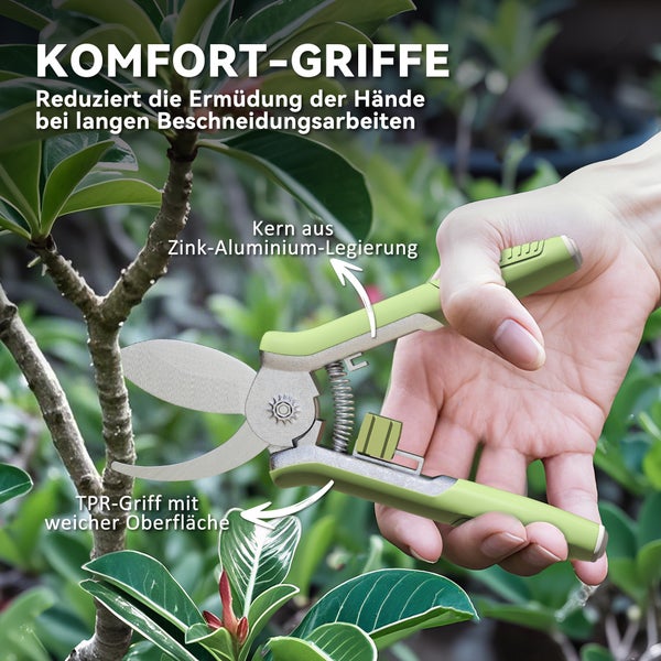 Gartenschere mit Zink-Aluminium-Legierungskern und TPR-Griff im Einsatz.