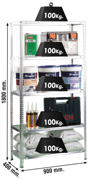 Schwerlastregal aus verzinktem Metall mit fünf Fachböden, Belastbarkeit pro Boden 100 Kilogramm, Maße 1800 mal 900 mal 400 Millimeter.