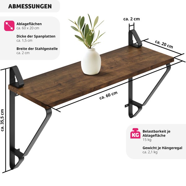 2er Set Wandregal tectake Irvine 60 x 20 x 33,5 cm Industrial Style Industrial Holz dunkel, rustikal