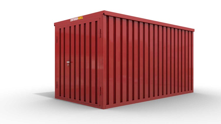 Lagercontainer XL  – 10 qm, H2150 x B5080 x T2170 mm, Außenwandlackierung RAL 3000 feuerrot, Dach außen verzinkt, mit Holzfußboden, 1830 mm Doppelflügeltür mittig in Stirnseite, montiert