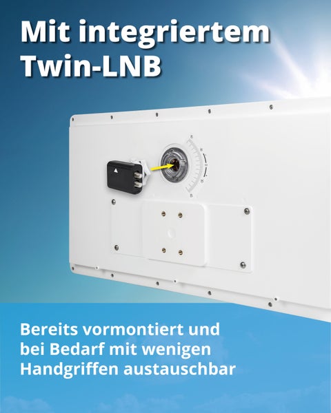 Flachantenne mit integriertem Twin Low Noise Block Konverter, vormontiert und einfach austauschbar.