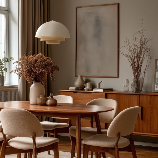 Esszimmer mit Holztisch, Stühlen und Sideboard im warmen Ambiente