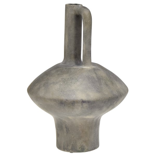 Graue rustikale Vase aus Keramik mit Henkel und strukturierter Oberfläche.