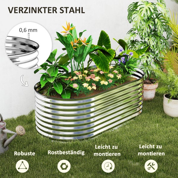 Rundes Hochbeet aus gewelltem Metall mit rosa Blumen vor einer Hauswand.