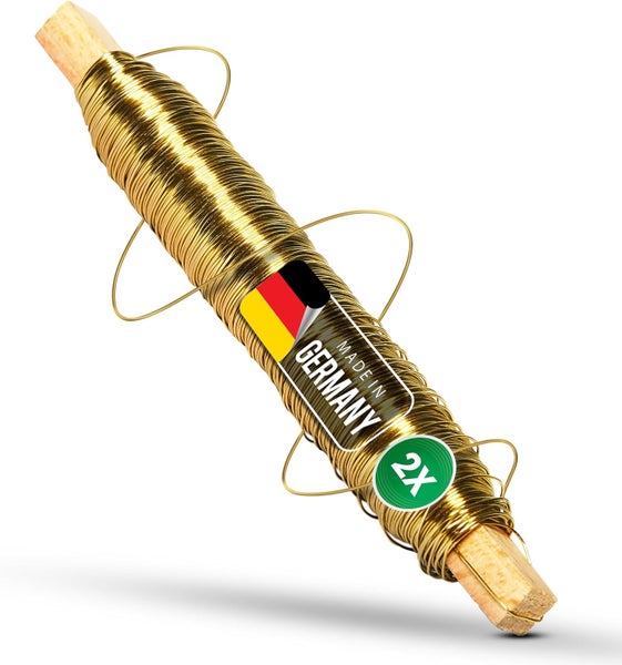 Messingfarbener Wickeldraht auf Holzstab, Set mit 2 Stück, hergestellt in Deutschland.