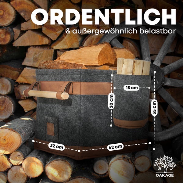 OAKAGE® FireMaster Duo Dunkelgrau Holzkorb Filz - Einhängbarer Zündholzkorb - 42x32x35cm