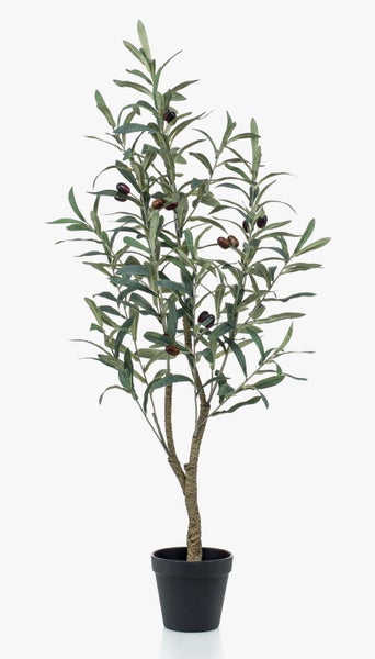 Künstlicher Olivenbaum im schwarzen Topf mit realistischen grünen Blättern und dunklen Olivenfrüchten.