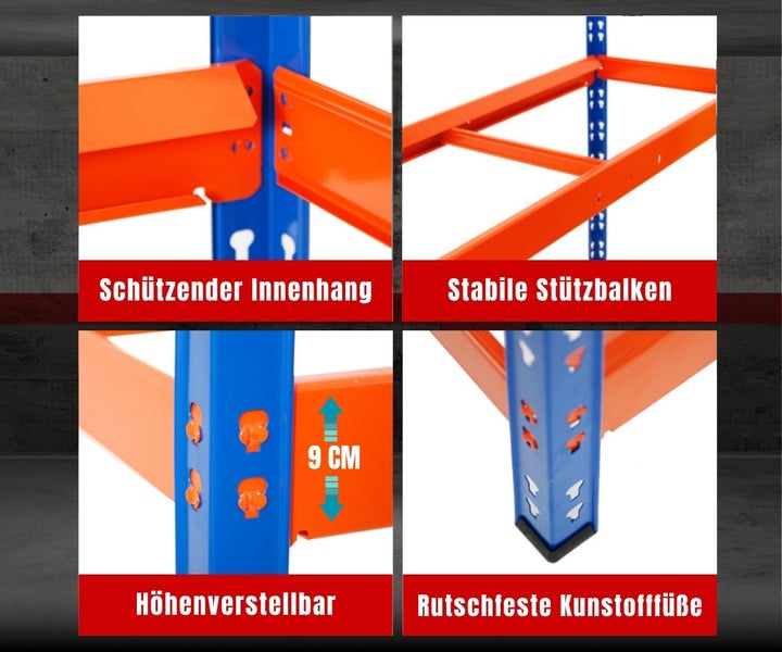 Details eines Schwerlastregals mit schützendem Innenhang, stabilen Stützbalken, Höhenverstellung um 9 Zentimeter und rutschfesten Kunststofffüßen.