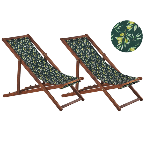 Set mit 2 klappbaren Liegestühlen ANZIO mit Ersatzstoffen Blumenmuster Akazienholz Dunkelbraun