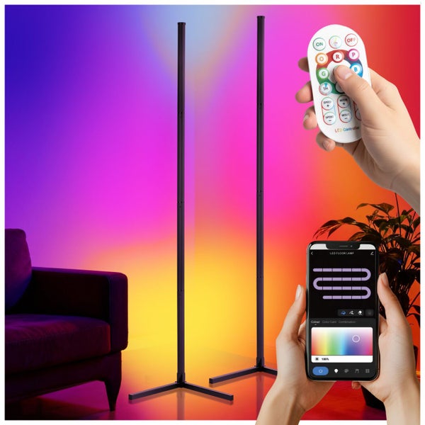 Zwei LED-Stehlampen mit Fernbedienung und Smartphone-App zur Steuerung der Beleuchtung