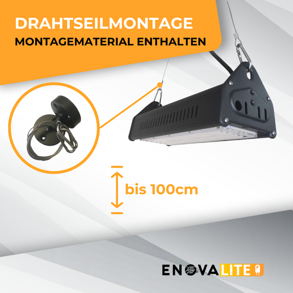 LED-Hallenleuchte mit Drahtseilmontage und Montagematerial bis 100 cm