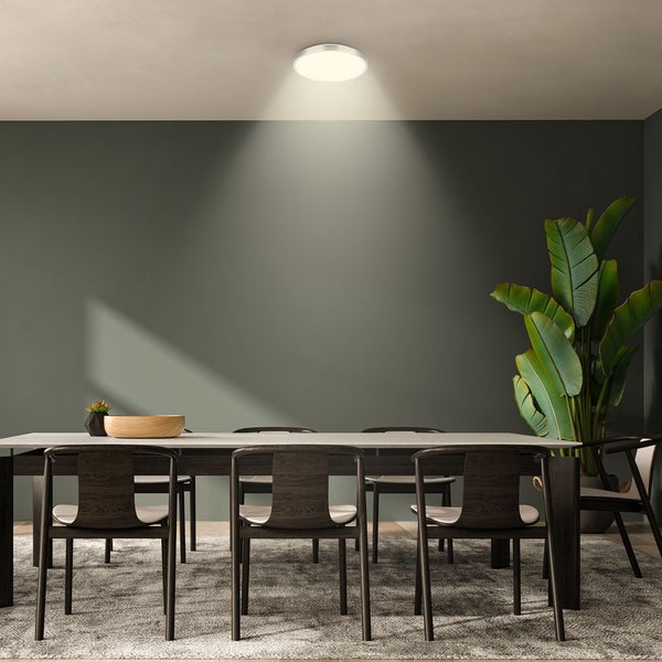 Runde Deckenleuchte in einem modernen Esszimmer mit großem Tisch, dunklen Holzstühlen und einer Zimmerpflanze.