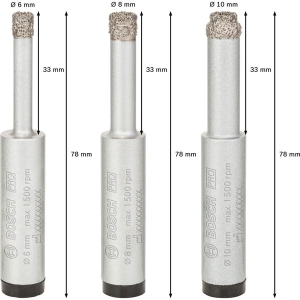Bosch Pro Keramik Trockenbohrer Set, drei Stück, Größen sechs, acht und zehn Millimeter