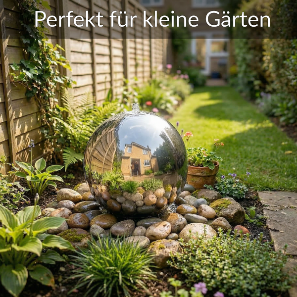 Glänzender Kugelbrunnen aus Edelstahl in einem schmalen Garten, umgeben von Steinen und Pflanzen. Text: Perfekt für kleine Gärten.