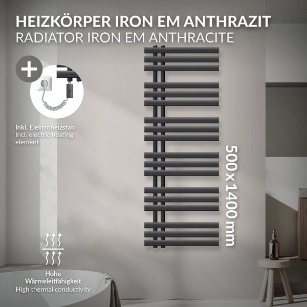 LuxeBath Elektrischer Badheizkörper Iron EM 500x1400 mm Anthrazit + Heizstab 1200W mit Thermostat Touchbedienung, Handtuchheizkörper mit Heizpatrone, Handtuchwärmer Paneelheizkörper Designheizkörper