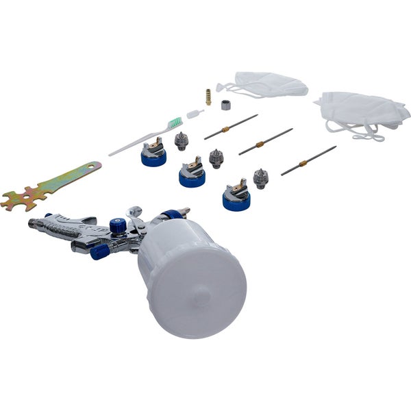 Farbspritzpistole mit Zubehör wie Düsen, Reinigungsbürste, Schraubenschlüssel und Atemschutzmasken