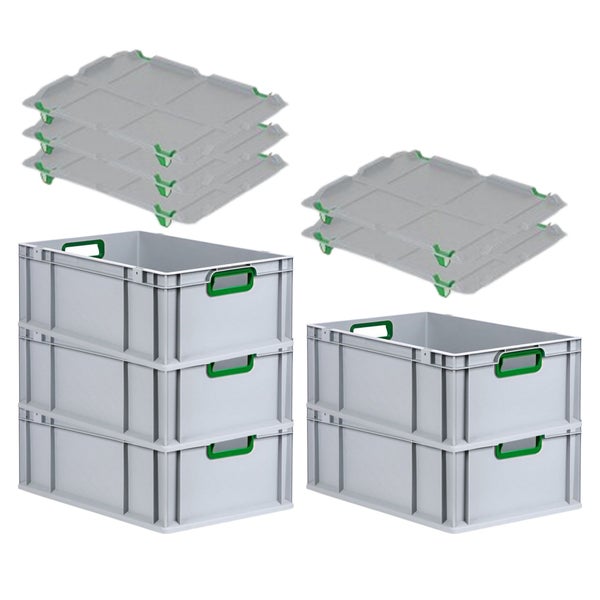 PROREGAL Spar Set 5x Eurobox Nextgen Color Mit Auflagedeckel & Schiebeschnappverschlüsse HxBxT 22 x 40 x 60 cm Griffe Grün Offen Verstärkter Boden