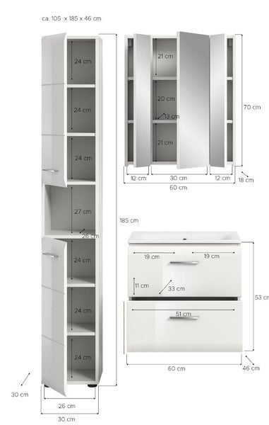 Maßskizze für ein Badezimmermöbel-Set mit Hochschrank, Spiegelschrank und Waschbeckenunterschrank inklusive Abmessungen in Zentimeter.