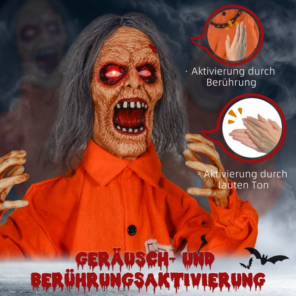 HOMCOM 85cm Halloween Dekoration Gruseliger Sprechender Gefangener mit LED-Lichter, Soundfunktion, Haustür Deko mit verstellbare Arme, Garten Dekofigur für Party, Orange