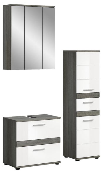 Badezimmermöbel Set bestehend aus dreitürigem Spiegelschrank, Waschbeckenunterschrank und Hochschrank in Grau und Weiß.