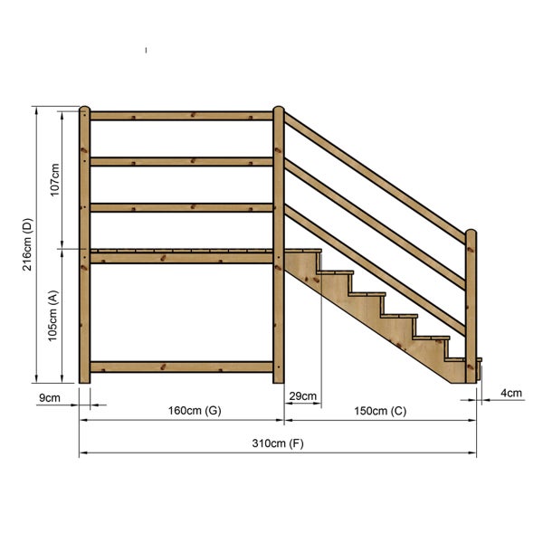 Technische Zeichnung eines Hochbettes mit den Maßen 216 cm Höhe, 310 cm Länge und 160 cm Breite.