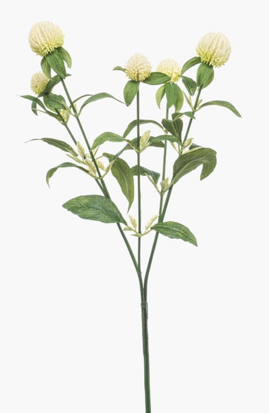 Künstlicher Klee-Zweig mit cremeweißen runden Blütenköpfen und grünen Blättern.