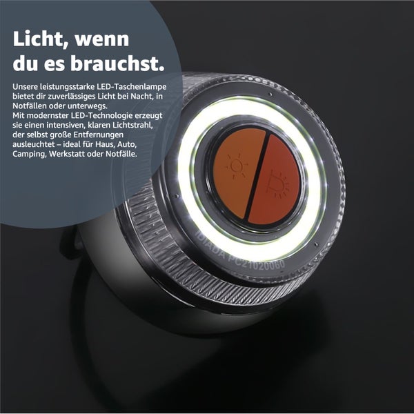 LED-Taschenlampe mit zwei orangefarbenen Schaltern zur Lichtsteuerung