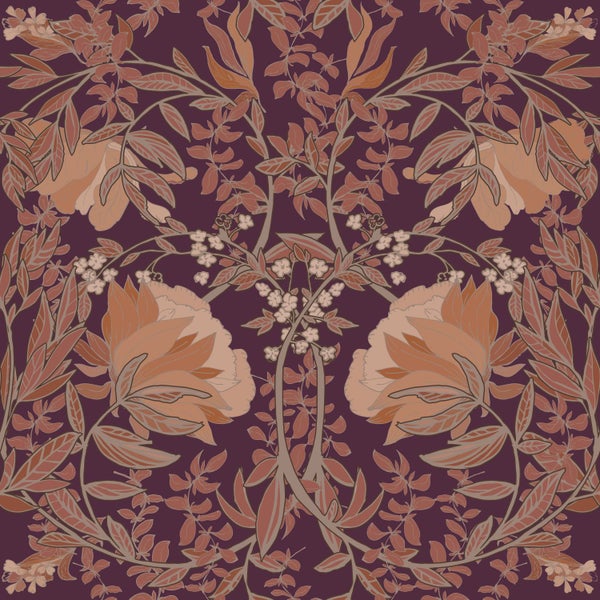 Vliestapete mit floralem Jugendstil-Muster, symmetrische beige und terracottafarbene Blüten auf dunklem Hintergrund.