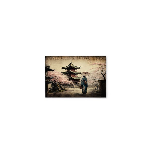 Illustration einer Frau mit Schirm vor einem japanischen Tempel