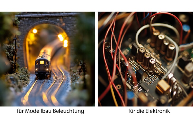 Zwei Bilder: links eine Modelleisenbahn im Tunnel, rechts eine Leiterplatte mit elektronischen Bauteilen für Modellbau und Elektronik.